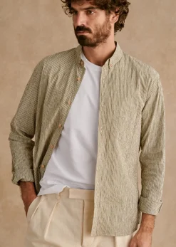 Online Sezane Hemd Charlie Seersucker Coton Lin Feine Streifen Khaki Marineblau Beige