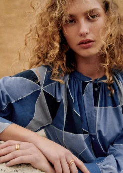 Sezane Hemd Lealys Patchwork Blau
