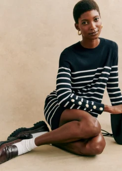 Sale Sezane Kleid Paola Marineblau/Ecru