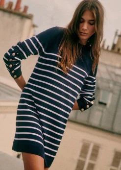 Sale Sezane Kleid Paola Marineblau/Ecru