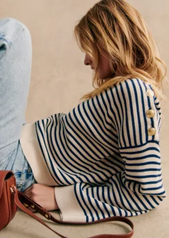 Online Sezane Pullover Daisy Naturfarben/Marineblau
