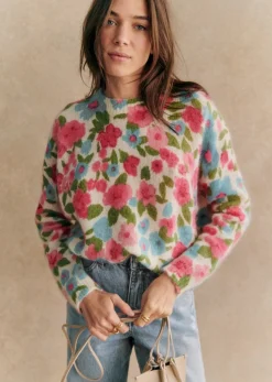 Sale Sezane Pullover Janelia Blumen Rosa/Türkis