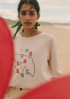 Hot Sezane Sweatshirt Amour Libre Oiseau - Sézane X Pangea Cremeweiß/Mehrfarbig