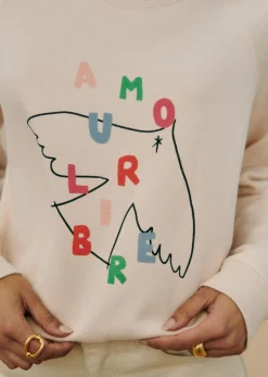 Hot Sezane Sweatshirt Amour Libre Oiseau - Sézane X Pangea Cremeweiß/Mehrfarbig