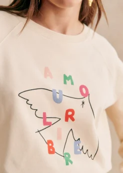 Hot Sezane Sweatshirt Amour Libre Oiseau - Sézane X Pangea Cremeweiß/Mehrfarbig