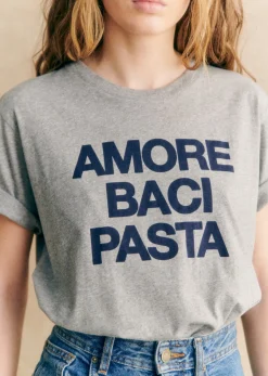 Clearance Sezane T-Shirt Amore Baci Pasta Grau meliert / Marineblau