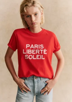 Sale Sezane T-Shirt Paris Liberté Soleil Rot/Ecru