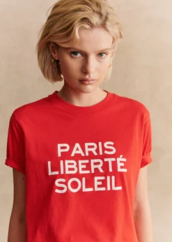 Sale Sezane T-Shirt Paris Liberté Soleil Rot/Ecru
