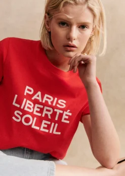 Sale Sezane T-Shirt Paris Liberté Soleil Rot/Ecru
